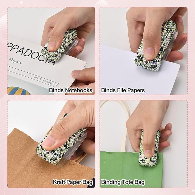 Bling Rhinestone Stapler, Sparkly Diamond Staplers, Cute Desk Stapler for Women & Girls, Bling Crystal Machine Pretty Office Stationery Kit (Green with AB Color Plated, Small)