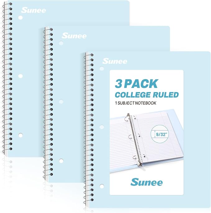 SUNEE Spiral Notebooks, 3 Pack, 1-Subject, College Ruled Paper, 8" x 10-1/2", 70 Sheets per Notebook, Blue
