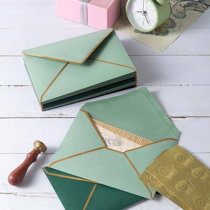 50 Pieces A7 Envelopes with Gold Border, 5.24 x 7.21 Inches Envelopes with Gold Stickers for Greeting Cards and Invitation (Dark Green, A7-5x7)