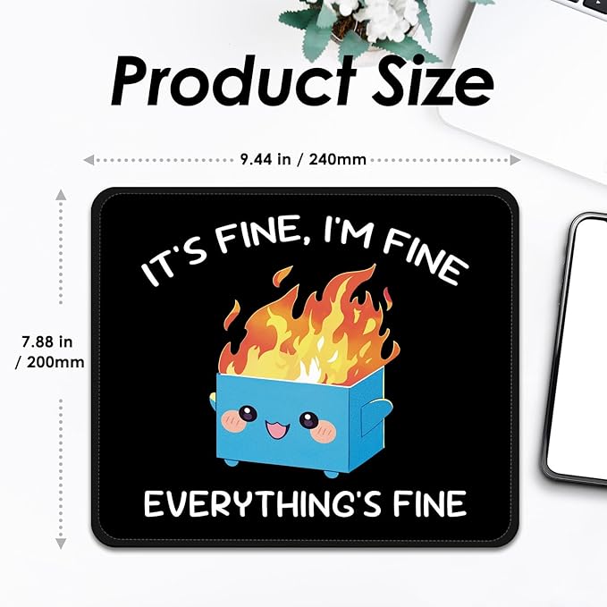 Mouse Pad with Stitched Edges - Funny Mousepad for Women, 9.25 x 7.75 inch Washable Square Desk Pad, Non-Slip Rubber Base, Office Home Laptop Accessories - Blue Box on Fire