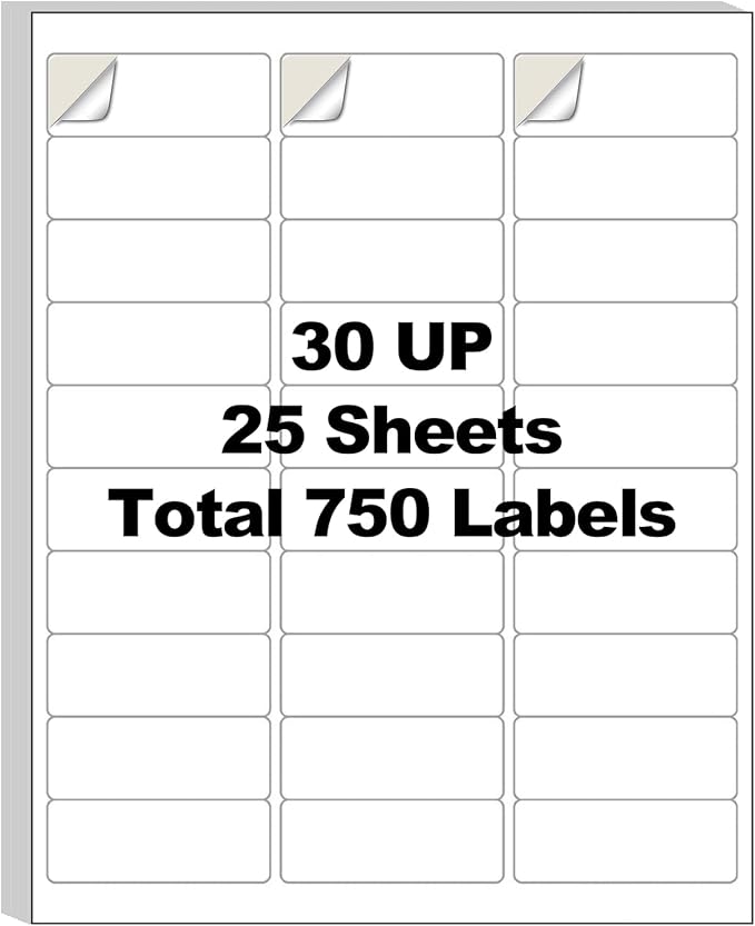 750 White Address Labels (1" x 2-5/8") - 30 Per Sheet for Laser/Inkjet Printer, Matte Smudge-Resistant Mailing & Shipping Labels, 8.5" x 11" Sheets for Shipping, Organizing & Bulk Use