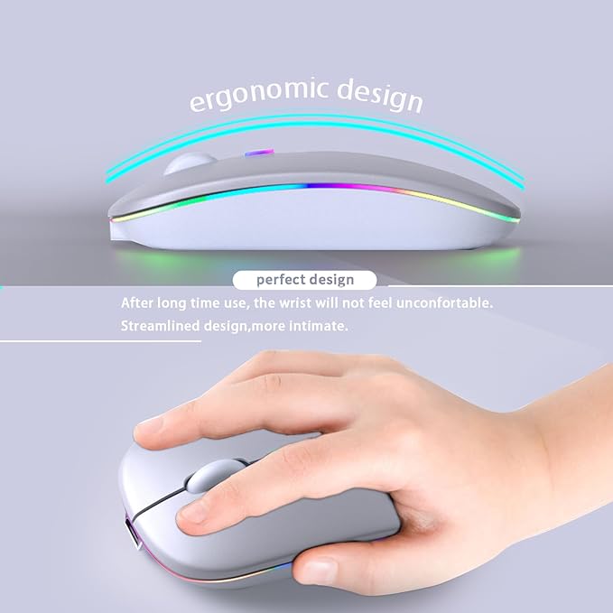 Wireless Bluetooth Mouse – Rechargeable, Silent, Dual Mode (Bluetooth 5.2 & USB) with LED Lights – Portable for Laptop, Desktop, & Tablet(Silver)