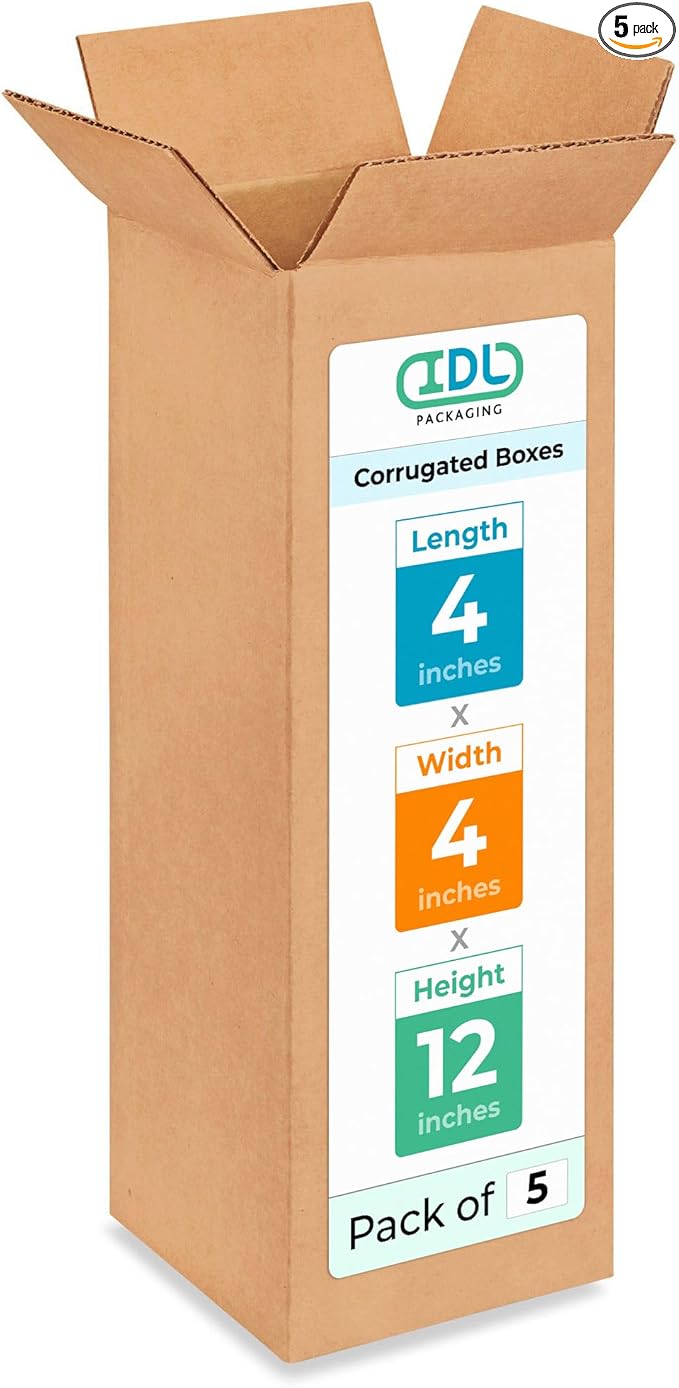 Tall Moving & Shipping Boxes 4 x 4 x 12 inches (5-Pack) - Extra Strength 200 lb vs Regular - USA-Made Corrugated Moving Boxes for USPS/UPS/FEDEX - Box for Packaging, Moving, Shipping by IDL Packaging