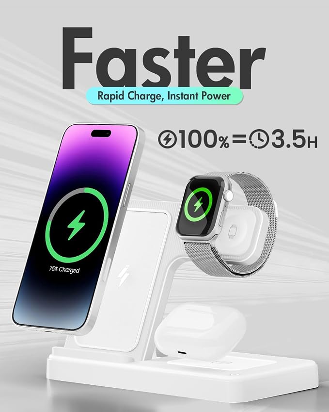 GETPALS Wireless Charger iPhone Charging Station for Apple Multiple Devices | 3 in 1 Charger Stand for iPhone 17 Pro Max 17e 16 16e 15 14 13 12 & Watch Series 11-2 SE Ultra & Airpods 4 3 Pro, White