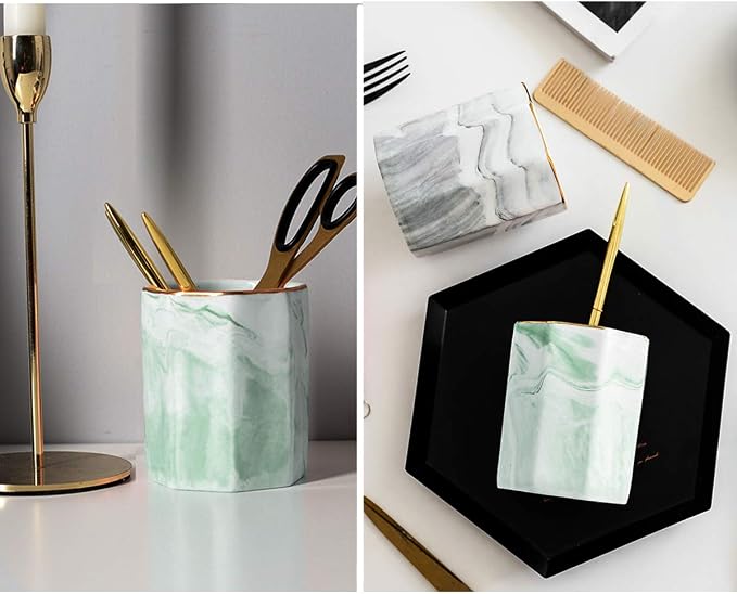 Pencil Holder, Pencil Cup for Desk, Makeup Brush Holder Cup, Cute Pencil Stand Marble Decorative for Kids Durable Ceramic Desk Organizer for Office, Classroom, Home, Antique Green Marble