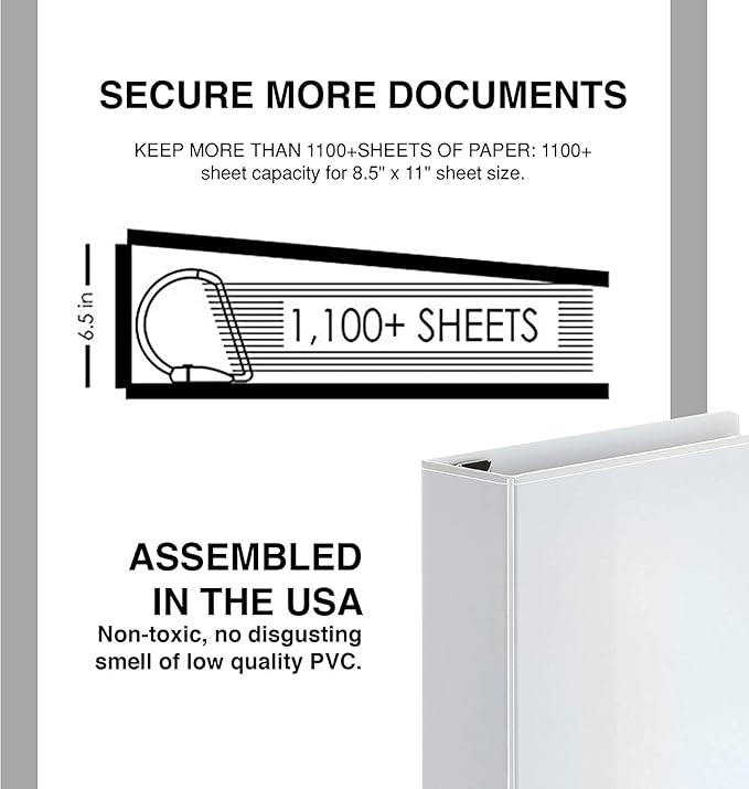 4 Pack of 6 Inch 3 Ring Binder with Locking Angle D Rings, Professional Heavy Duty Large Storage Binder with Pockets, Fits 8.5 x 11 Inch Sheets, Non-Stick Clear View Cover, Customizable, White
