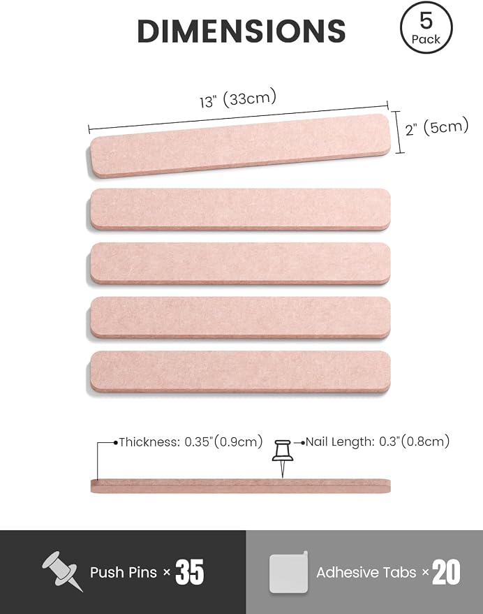 Fluxynara 13" x 2" Felt Wall Panels, Pink | 5-Pack Includes 35 Push Pins and Adhesive Tabs for Photos, Notes and Decor in Bedroom Doors, Home Office or Studios