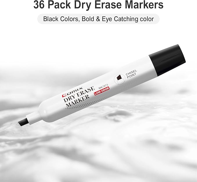 Comix Dry Erase Markers Black, Chisel Tip Whiteboard Markers, 36 Bulk Low Odor Markers for Classroom, Teachers, Office, School Supplies, Black Color