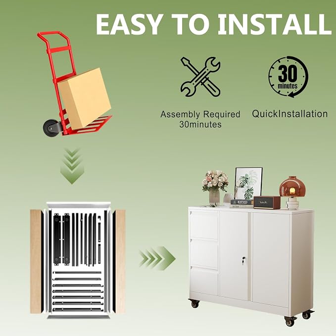 Mobile Large Lateral File Cabinet 3-Drawer,Home Office Rolling Filing Storage Cabinets with Lock & Wheels,Metal Printer Stand Office Storage A4,Letter Legal File Folders