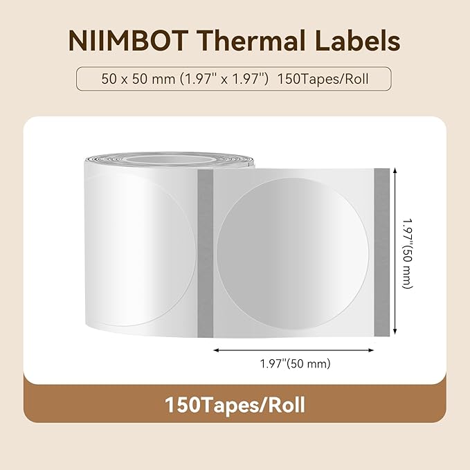 NIIMBOT Labels for B1/B21/B31 Label Maker, 50 x 50 mm (1.97'' x 1.97'') 150 Tapes/Roll, Thermal Label Tape, Waterproof, Oil-Proof for Home Office Small Business Labeling Tape Replacement(Clear Round)