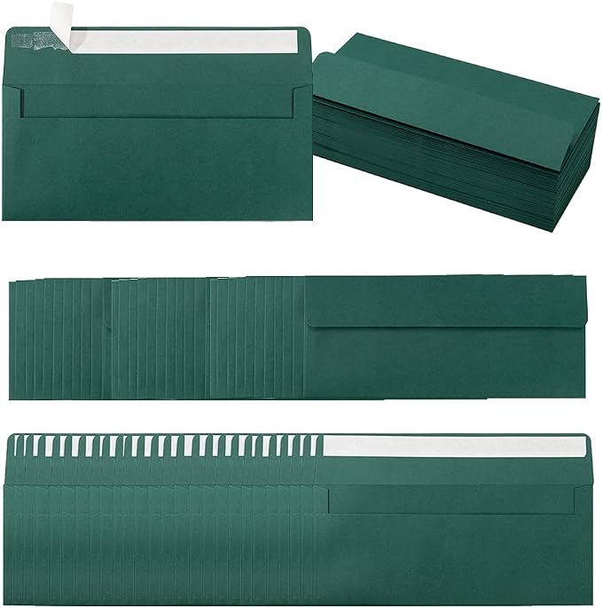 100 Pack Colored #10 Business Envelopes, 4.13 x 9.49 Inches, Dark Green | Self Seal, Standard Envelopes, For Office Checks, Business Letter Mailing, Greeting Card