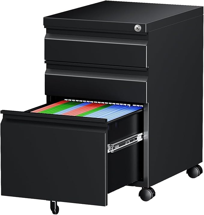 3 Drawer Mobile File Cabinet with Lock, Under Desk Metal Rolling Filing Cabinets for Home Office Organizer Letters/Legal/A4 (Black- Requires Installation) (Black)