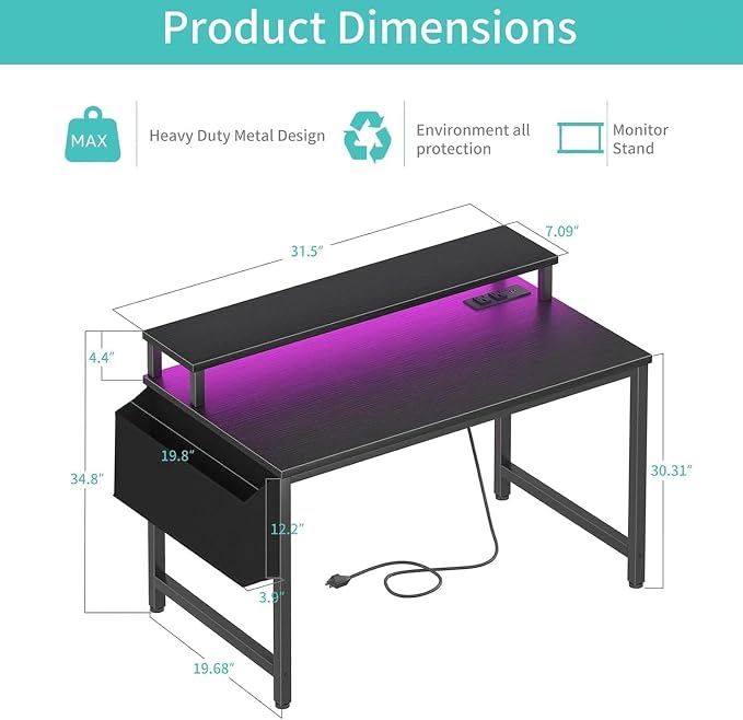 Lufeiya Small Desk with Power Outlets and LED Lights, 32 Inch Teen Writing Study Table Home Office Computer Desks with Monitor Stand, Gaming Desk with Charging Station, Black