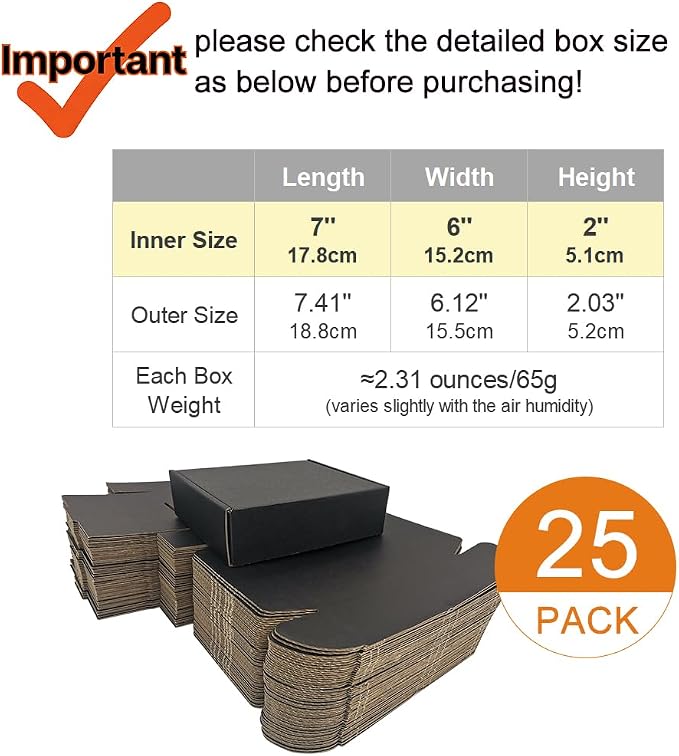 7x6x2'' Small Shipping Boxes 25 Pack, Black Corrugated Cardboard Mailers for Small Business (CM762B25)