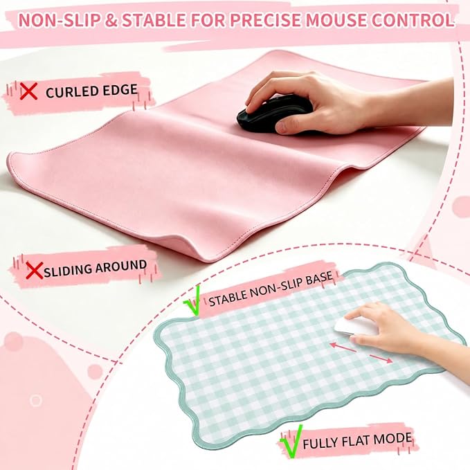 Scalloped Gingham Pink Desk Mat,Large Cute Desk Pad for Keyboard Mouse,Girly Mouse Pad for Desktop Office