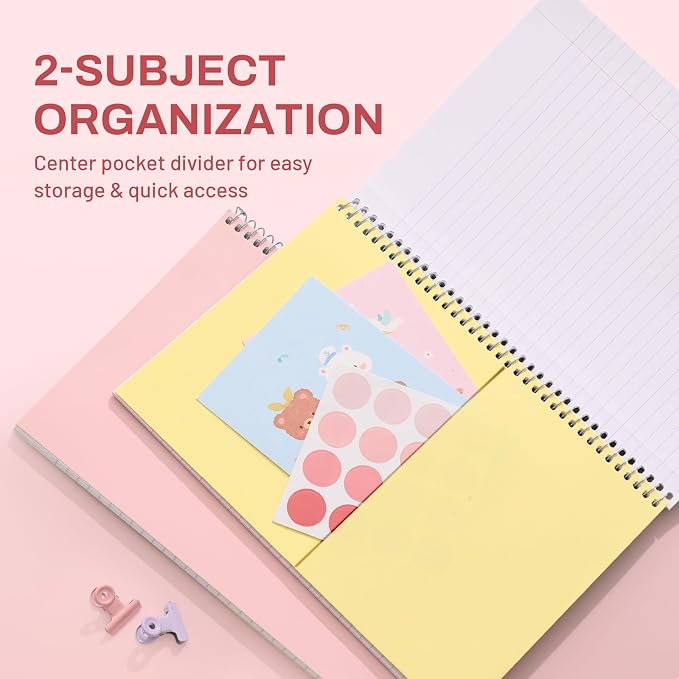 SUNEE Spiral Notebook, 2-Subject, College Ruled Paper, 6" x 9-1/2", 80 Sheets, Spiral Notebooks for School, Pink