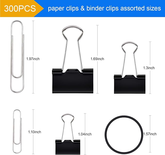 Sopito 300pcs Paper Clips, Binder Clips & Rubber Bands, Black | Assorted Sizes, Secure Grip, Rust-Resistant, Smooth Coating, Office Supplies set, All-in-One, Versatile Use, Reusable