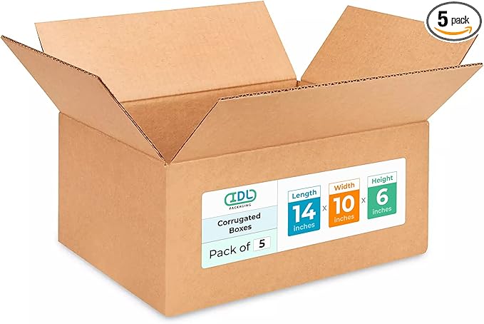 Medium Moving & Shipping Boxes 14 x 10 x 6 inches (5-Pack) - Extra Strength 200 lb vs Regular - USA-Made Corrugated Strong Cardboard Boxes - Packing Box - Shipping Box by IDL Packaging
