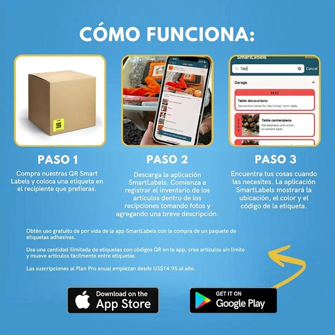 SmartLabels - Etiquetas QR en Español - Con App de Análisis de Fotos IA - Crea Descripciones Sin Escribir - para Inventario Fácil, Organización de Bodegas o Etiquetas de Mudanza - Paquete de 48