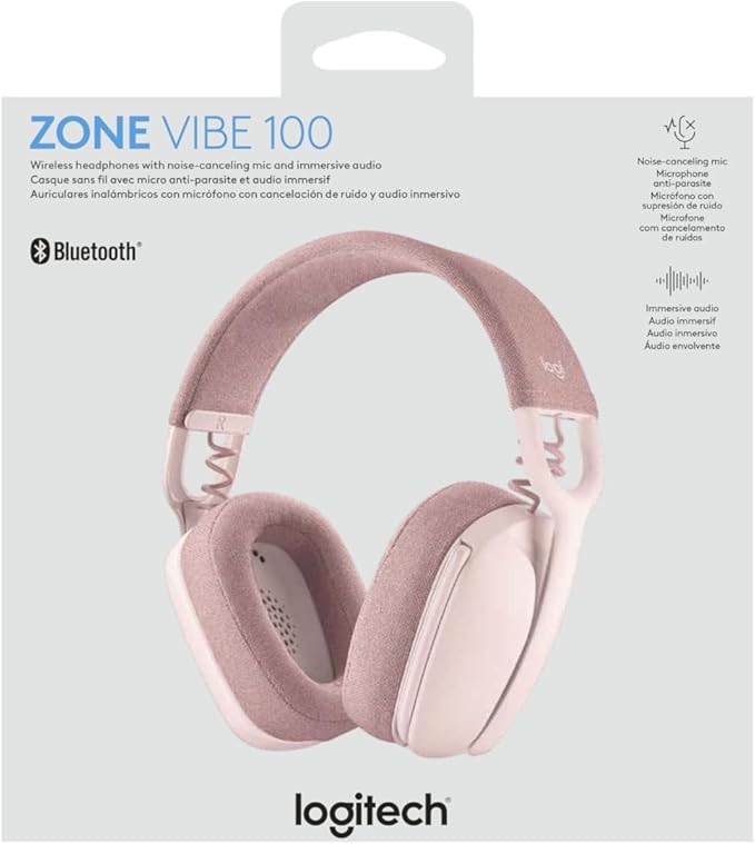 Logitech Zone Vibe 100 Lightweight Wireless Over Ear Headphones with Noise Canceling Microphone, Advanced Multipoint Bluetooth Headset, Works with Teams, Google Meet, Zoom, Mac/PC - Rose