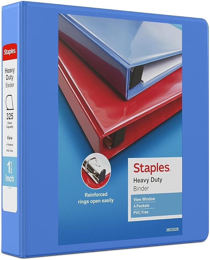 Staples Heavy-Duty 1.5-Inch D-Ring View Binder, Reinforced Spine, Holds Up to 350 Sheets, Periwinkle, for Office & School