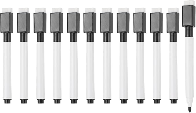 PATIKIL Magnetic Whiteboard Pen, Fine Tip Dry Erase Black White Board Markers with Eraser Whiteboard Calendar Supplies for Classroom Office, 12 Pcs, 0.5-1mm Tip