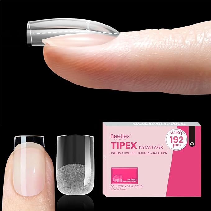Beetles Tipex Instant Apex Nail Tips, XS Short Square, 16 Sizes |00–14, 192pcs, Built-In Apex, No Builder Gel Required, Thicker Strong Acrylic Tips for DIY Nail Extensions