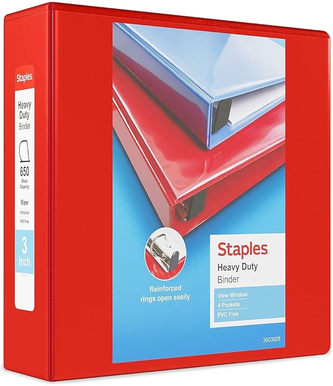 Staples Heavy-Duty 3-Inch D-Ring View Binder, Holds Up to 600 Sheets, Reinforced Spine, Red, for Office, School & Home