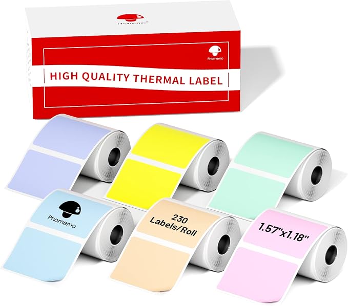 Phomemo Color Labels 6 Rolls,1.57"x1.18", Use for M110/M100/M220, 1380 PCS | 40×30mm Square Thermal Stickers Labels for Kids & School, Barcode, Logo, Business, Home,Organization, Peptide Vial,6 Color