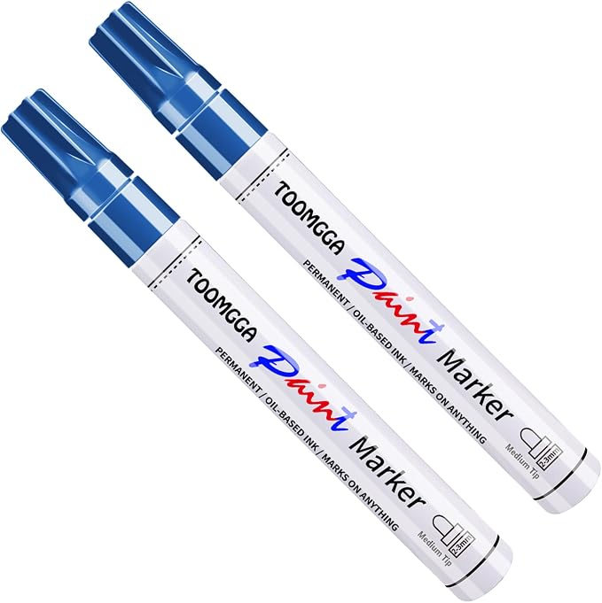 TOOMGGA 2 Blue Paint Pens Permanent Paint Markers, Oil Based Medium Tip | Marking Pens, Quick Drying, Waterproof, Fade-resistant, for Rock Painting, Car Tyre, Metal, Plastic, Canvas, Mugs, Wood