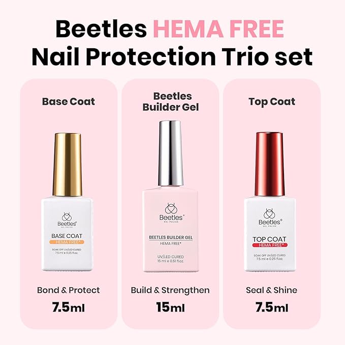 Beetles Builder Gel for Nails HEMA-Free with Base & Top Coat,Nail Protection Trio Set 3 Pcs Strengthening Nail Apex Building Extension for Beginner DIY Salon at Home,Clear Building Gel,UV & LED Cured