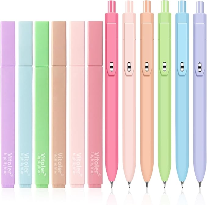 Vitoler Highlighters and Gel Pens Set，Assorted Colors Chisel Tip Quick Dry | 12 Pack Aesthetic Highlighters and 0.5mm Black Ink Pens for Study, Journaling and Office Supplies