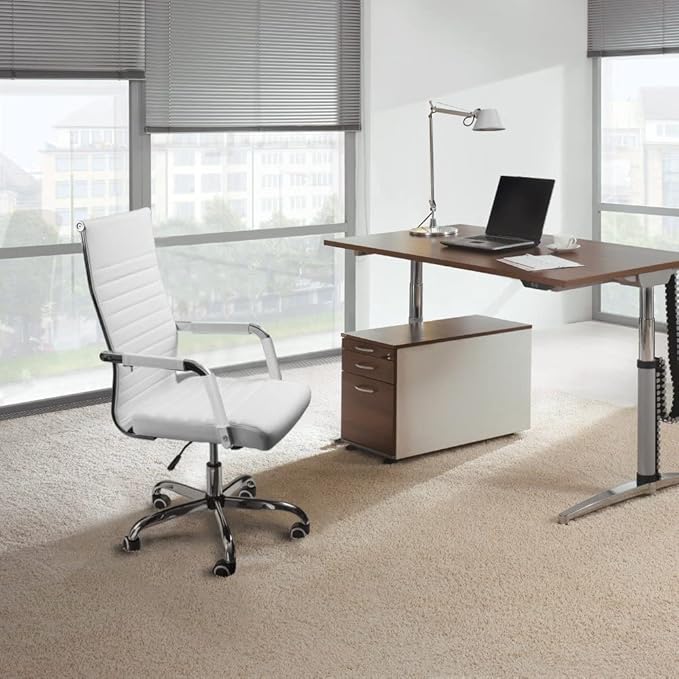 Furmax Ergonomic Office Desk Chair, Executive Ribbed Mid-Back PU Leather Conference Room Chair Adjustable Swivel Chair with Arms (1, White)
