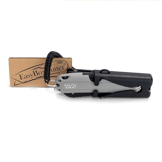 Modern Box Cutter, auto Retract, Blade Vanishing Technology, Extra Tape Cutter at Back, Dual Side Edge Guide, 3 Blade Depth Setting, 2 Blades and Holster - Grey Color 4000