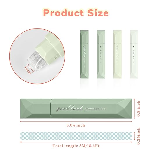 Temiary 4-Pack Double Sided Tape Roller, 6 mm x 196 Inch Adhesive Tape Glue Scrapbook Dispenser Runner for Scrapbooking Craft Supplies Office School (Green)