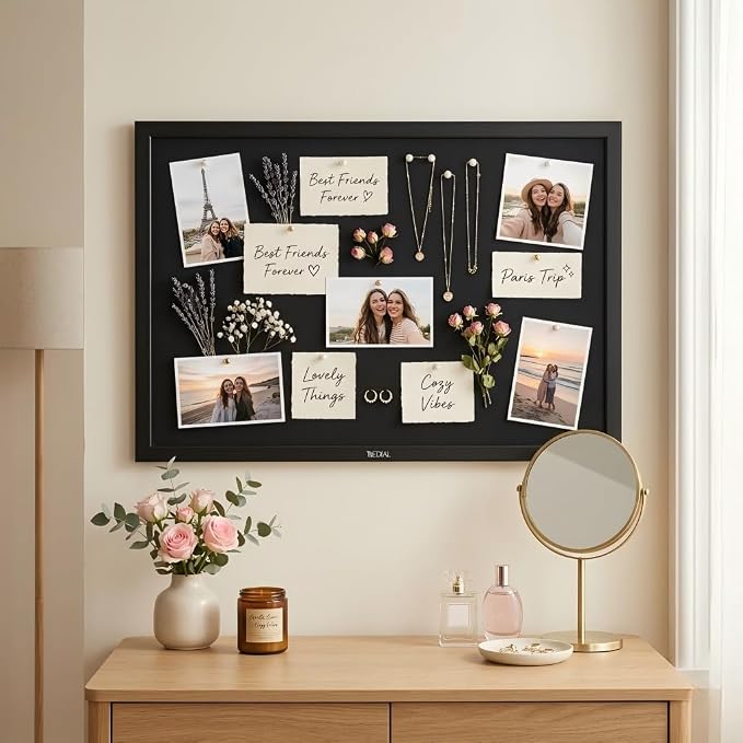 Gideal Bulletin Board 40x30 Inch, Cork Board with Grey Fabric and Pine Wood Frame, Cork Boards for Walls, Wall Mounted Fabric Notice Board for Home Office School, Vision Board Message Organizer, Black