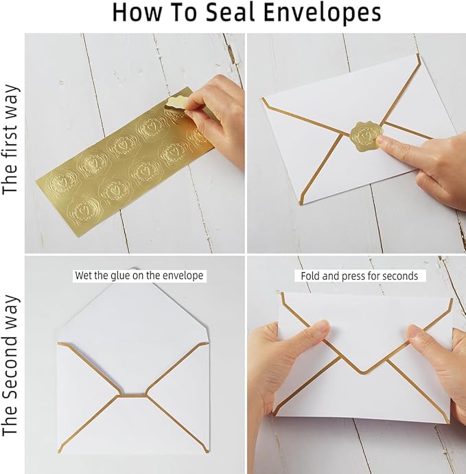 50 Pieces A7 Envelopes with Gold Border, 5.24 x 7.21 Inches Envelopes with Gold Stickers for Greeting Cards and Invitation (White, A7-5x7)