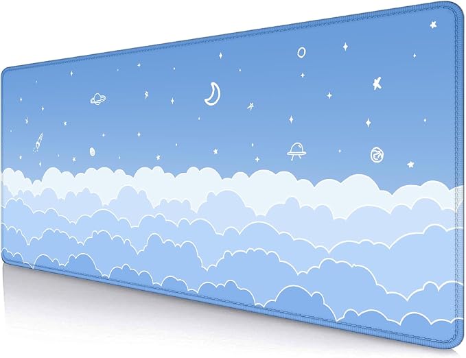 Cute Pastel Blue Desk Mat, Minimalist Large Gaming Mouse Pad Mousepad for Laplop, Kawaii Anime Desk Pad, Gradient White Clouds Computer Pads, Aesthetic Stars Moon Deskpad, 31.5 X 11.8 Inch