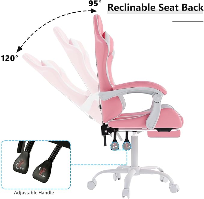 Gaming Chair with Headrest and Lumbar Support, Ergonomic High Back Office Chair, Racing Style Executive Computer Desk Chair, Leather Adjustable Swivel Task Chair for Home Office (Pink White)