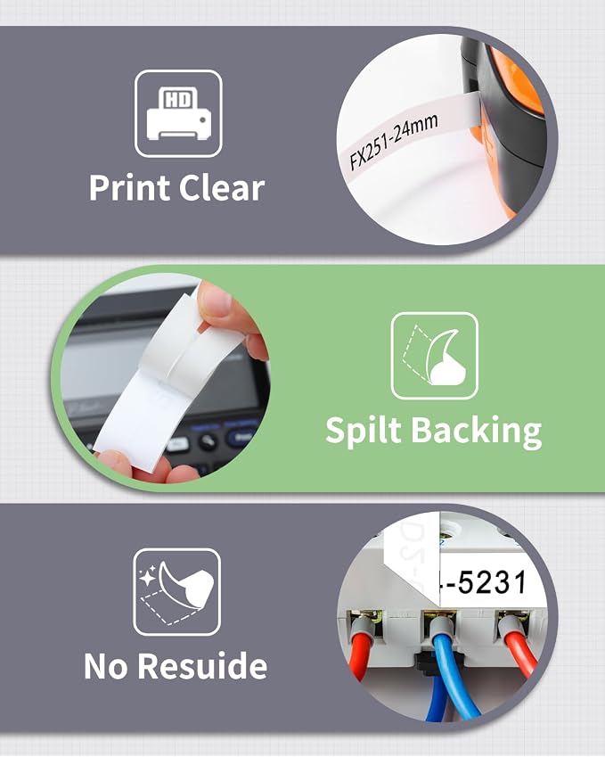 TZE-FX251 Cable Wrap Labels for Ptouch Edge PT-E560BTVP PT-E510VP PT-D600 | PTE500 Label Maker Refills Replace for Brother P-Touch Flexible ID Tape, Tzefx251 24mm 0.94" Laminated White Wire Label, 4PK