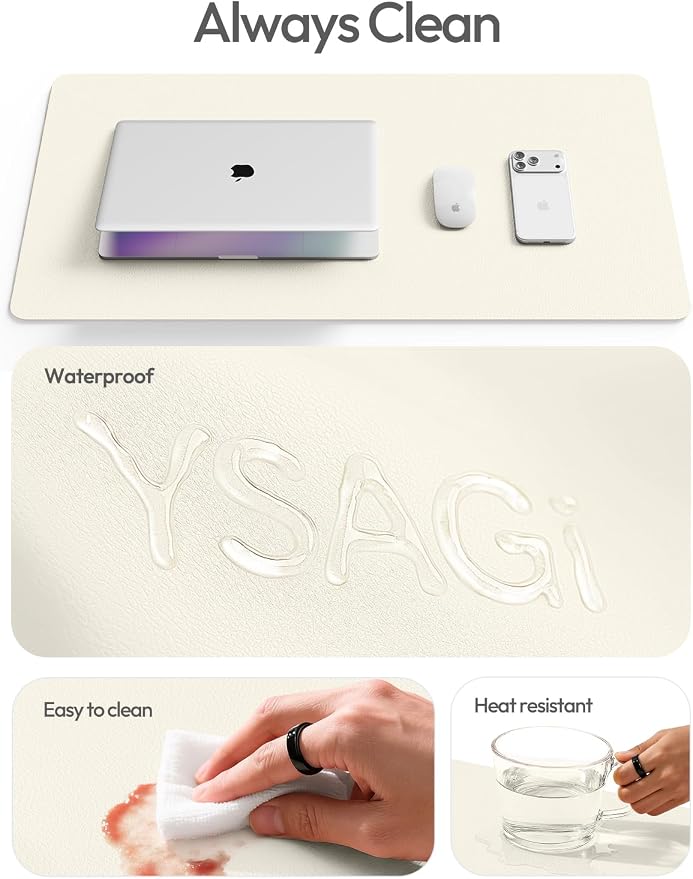 YSAGi Desk Protector&Blotter, Non-Slip Waterproof Leather Mouse Pad | Shields Scratches, Stains, Spills, Heat & Scuffs; Suede Non-Slip; Easy-Clean; Comfy Writing/Typing, 31.5" x 15.8",Cream