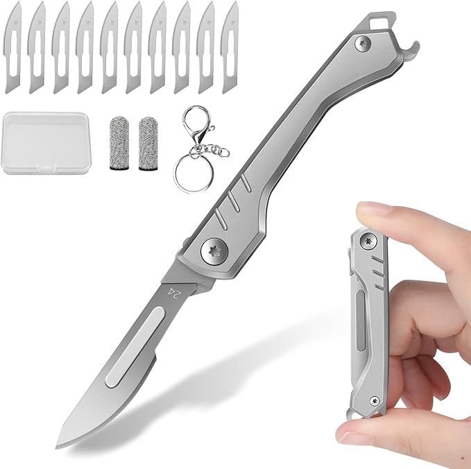Folding Scalpel Knife, Pocket Keychain Knife for Men, EDC Utility Knives with Bottle Opener, Surgical Knives with 10pcs Replaceable Blades