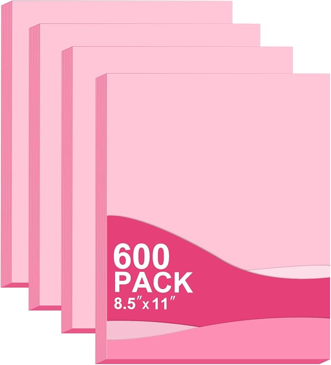 8.5x11 Inches Colored Copy Paper, 600-Sheets Pastel Pink Printer Paper | Bulk Pink Copy Paper for Office & School, Premium 80GSM Thick Color Paper Great for Printing, Arts & Crafts, School Projects
