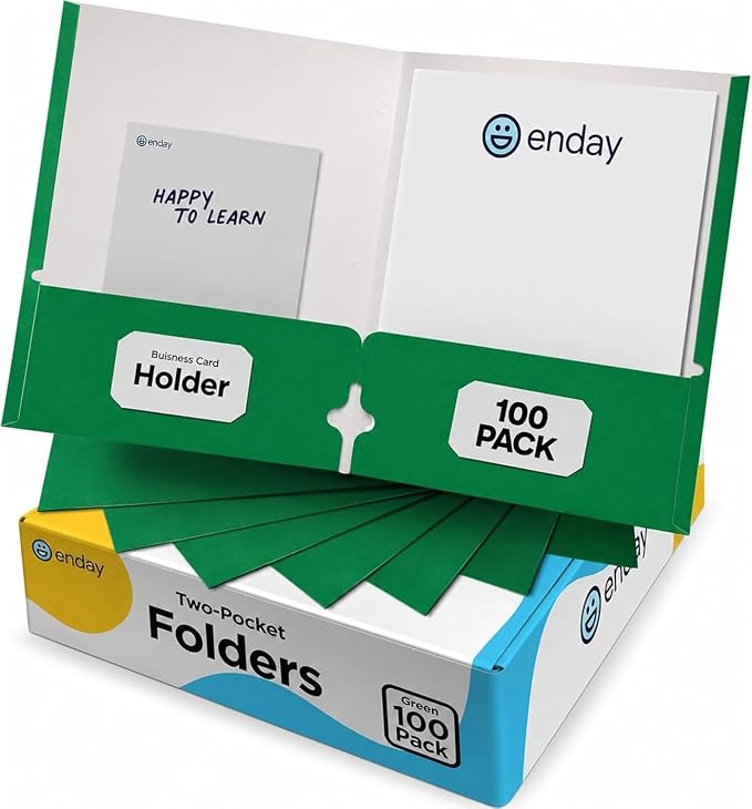 Folders with Pockets (100 Pack), Green 2 Pocket Folder Bulk, Two Pockets File for Letter Size Sheets, Bulk Paper Folders with Pockets Also Available in Blue, Black, Red, 100 Pack - By Enday