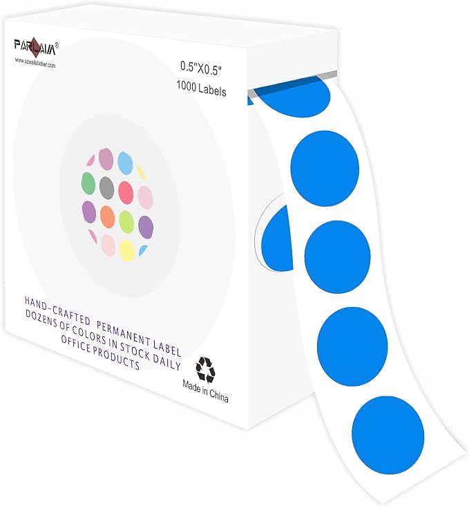 PARLAIM 1/2 Inch Round Permanent Color-Code Dot Stickers,1000 per Roll dots Label Dispenser Box,Bright Blue Color Coding Circle Stickers(Blue)