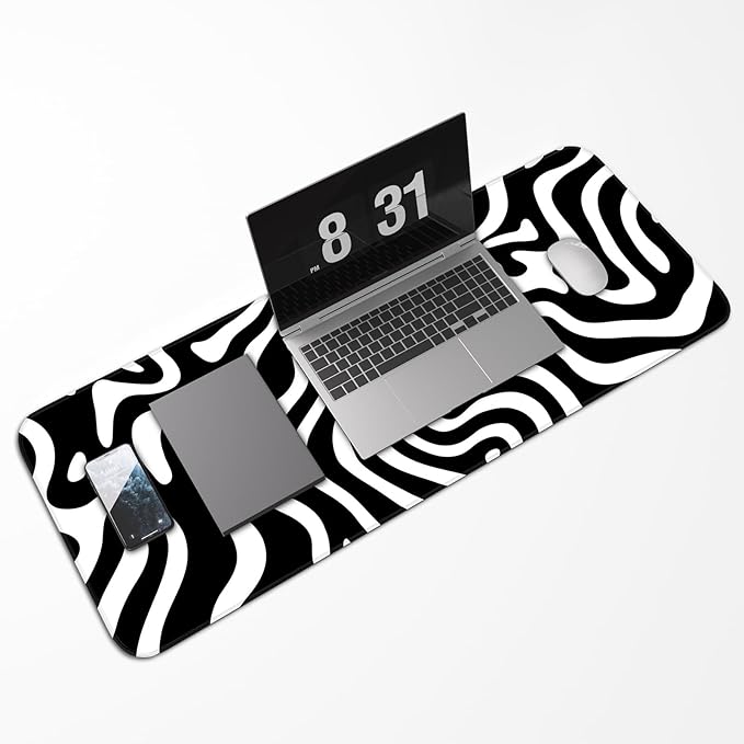 Gaming Mouse Pad, Non-Slip Rubber Bottom Stitched Edges, Suitable for Home, Office, Gaming, 31.5x11.8 Inch Large Mouse Pad, Black and White Abstract Waves