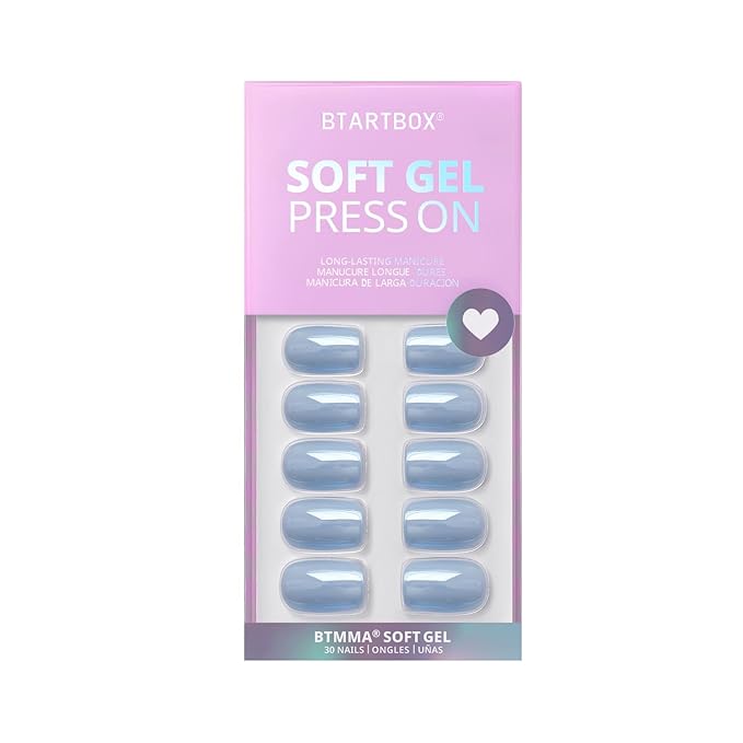 BTArtbox Press On Nails Short - Square Press On Nail, Blue Glossy Nail Tips Glue On Nails with Nail Glue, Reusable Stick On Nails in 16 Sizes - 32 Soft Gel Fake Nails Kit, Ocean Glazed