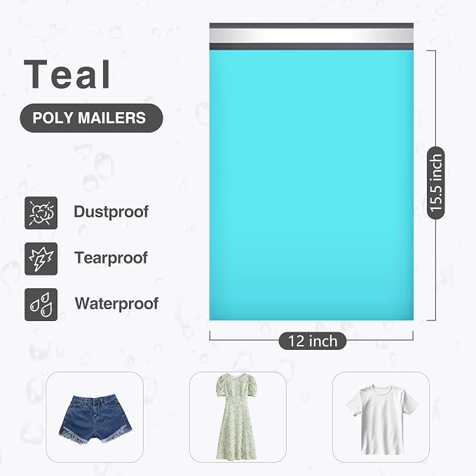 UCGOU Poly Mailers 12x15.5 Inch Teal 50 Pack Plastic Medium Shipping Bags | Self Seal Adhesive Waterproof Tear Proof Mailers Poly Bags Strong Mailing Envelopes Packing for Clothes Books Accessories