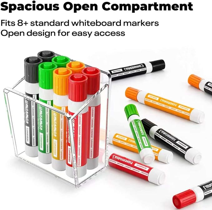 Acrylic Whiteboard Marker Holder, Magnetic or Adhesive Mount Marker Organizer for Fridge, Classroom and Office, Clear Dry Erase Marker Storage, Holds 8+ Markers
