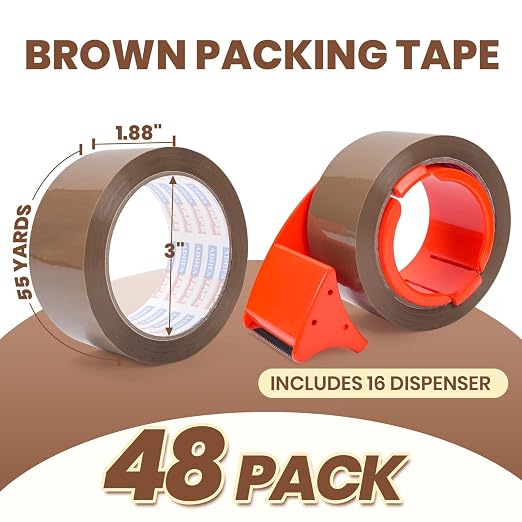 ADHES Brown Packing Tape with Dispenser, 1.88in x 55yds x 2.6mil | Heavy Duty Shipping & Packaging Tape, Strong Adhesive Carton Sealing Tape, Bulk 48 Rolls